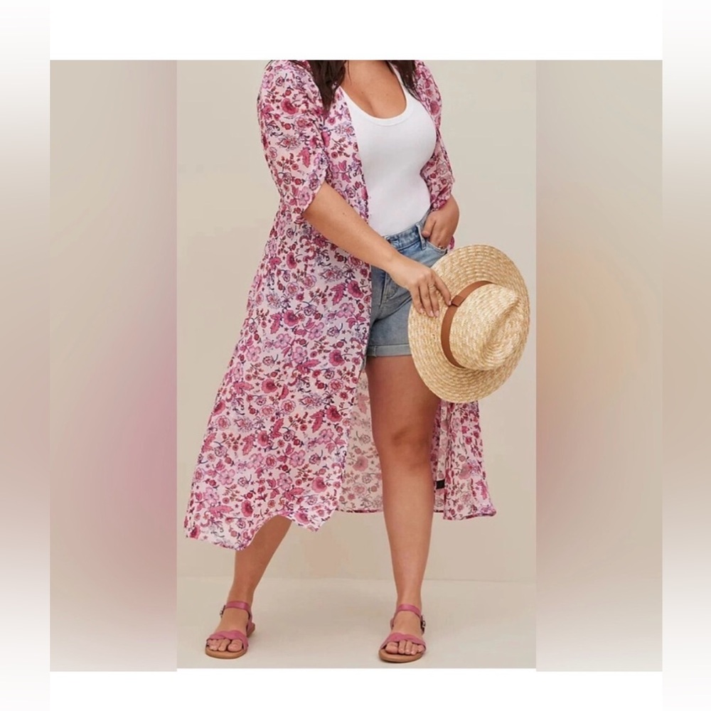 Torrid Floral Ruched Sleeve Chiffon Kimono Dress Pink Size Large